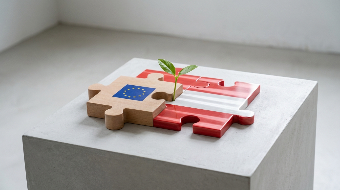 A symbolic image showing a puzzle piece with the EU flag fitting into the Austrian flag, with a green sprout growing at the connection point, representing the integration of EU environmental law in Austria.