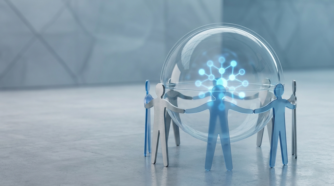 Abstract image symbolizing GDPR joint controllership, showing several figures holding a protective shield over a data icon.