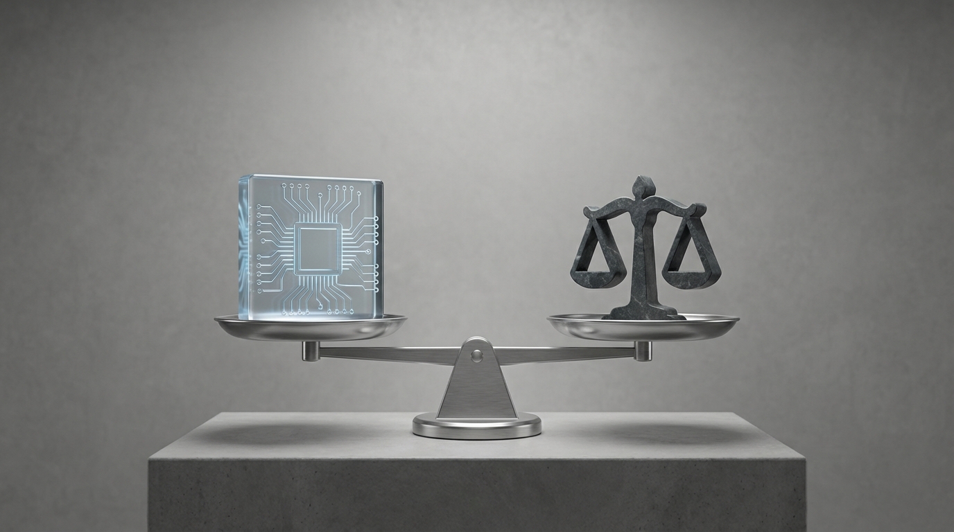 A symbolic image showing a glowing AI chip on one side of a balanced scale of justice, representing AI compliance liability.