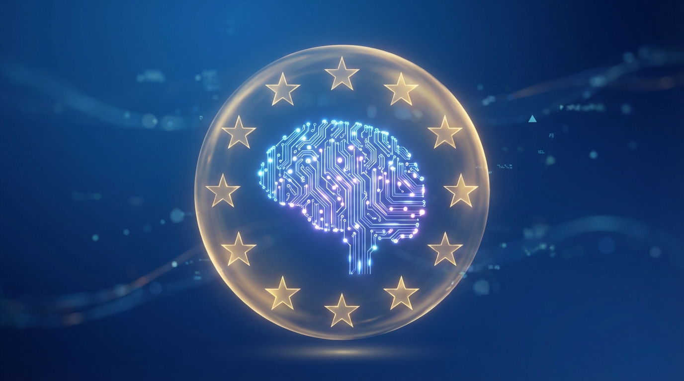 A digital brain icon safely enclosed within a circle of stars, symbolizing European AI regulation and compliance.