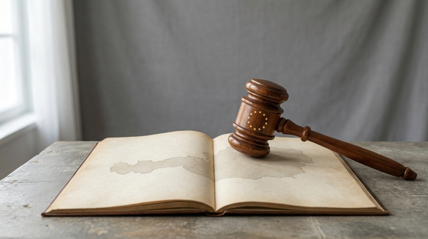 A symbolic image of a gavel with EU stars poised over a legal document with a map of Austria, representing the CJEU's influence on national platform regulations.