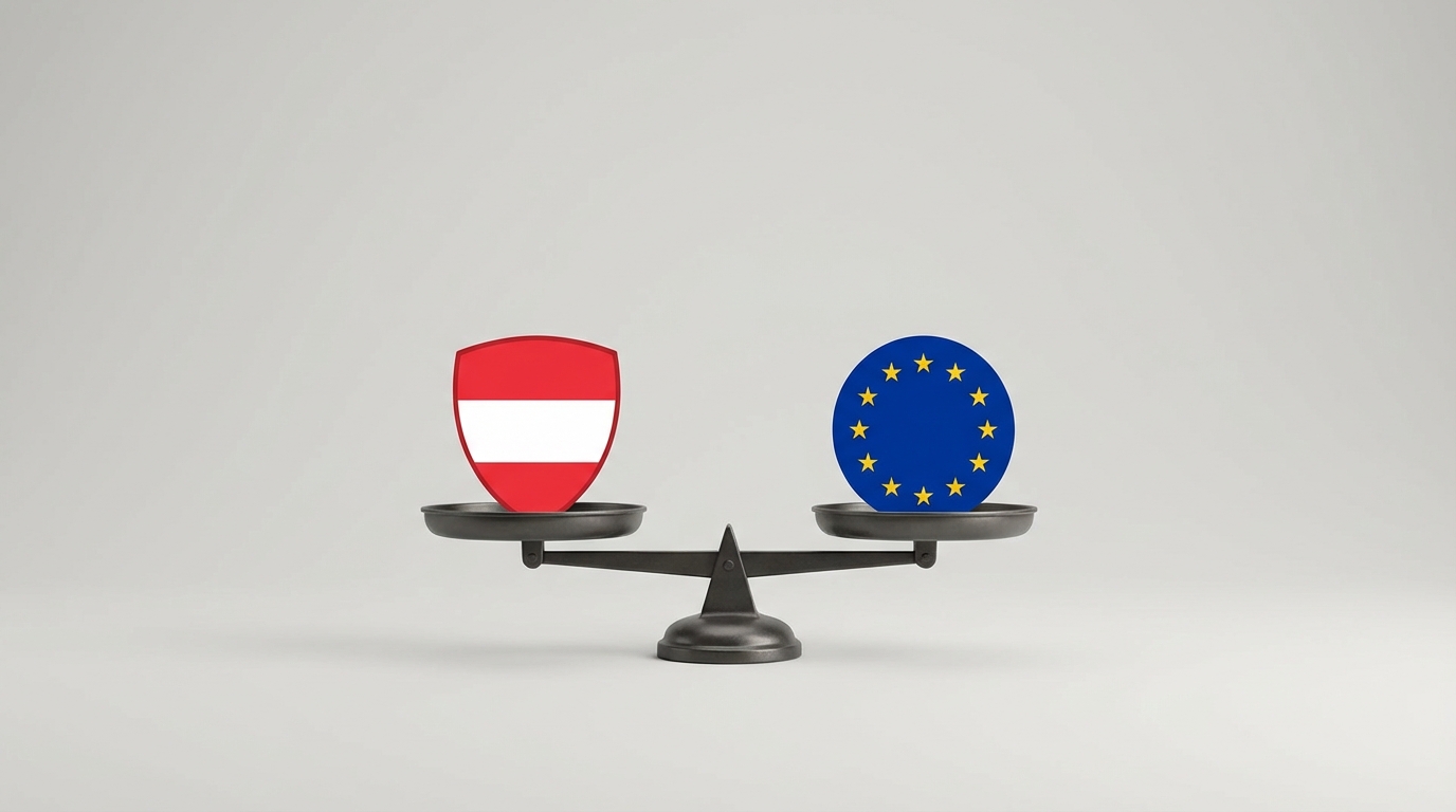 A balance scale with the Austrian flag on one side and the European Union flag on the other, symbolizing the relationship between EU rule-of-law and Austria's justice system.