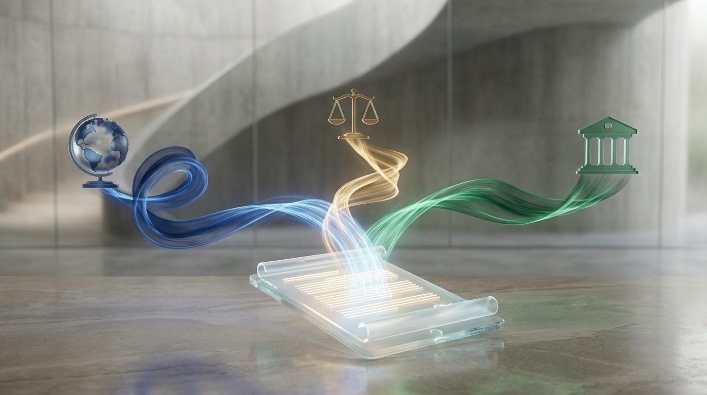 An abstract image symbolizing a hybrid choice-of-law clause, with streams of light from a globe, a courthouse, and scales of justice merging onto a central legal document.
