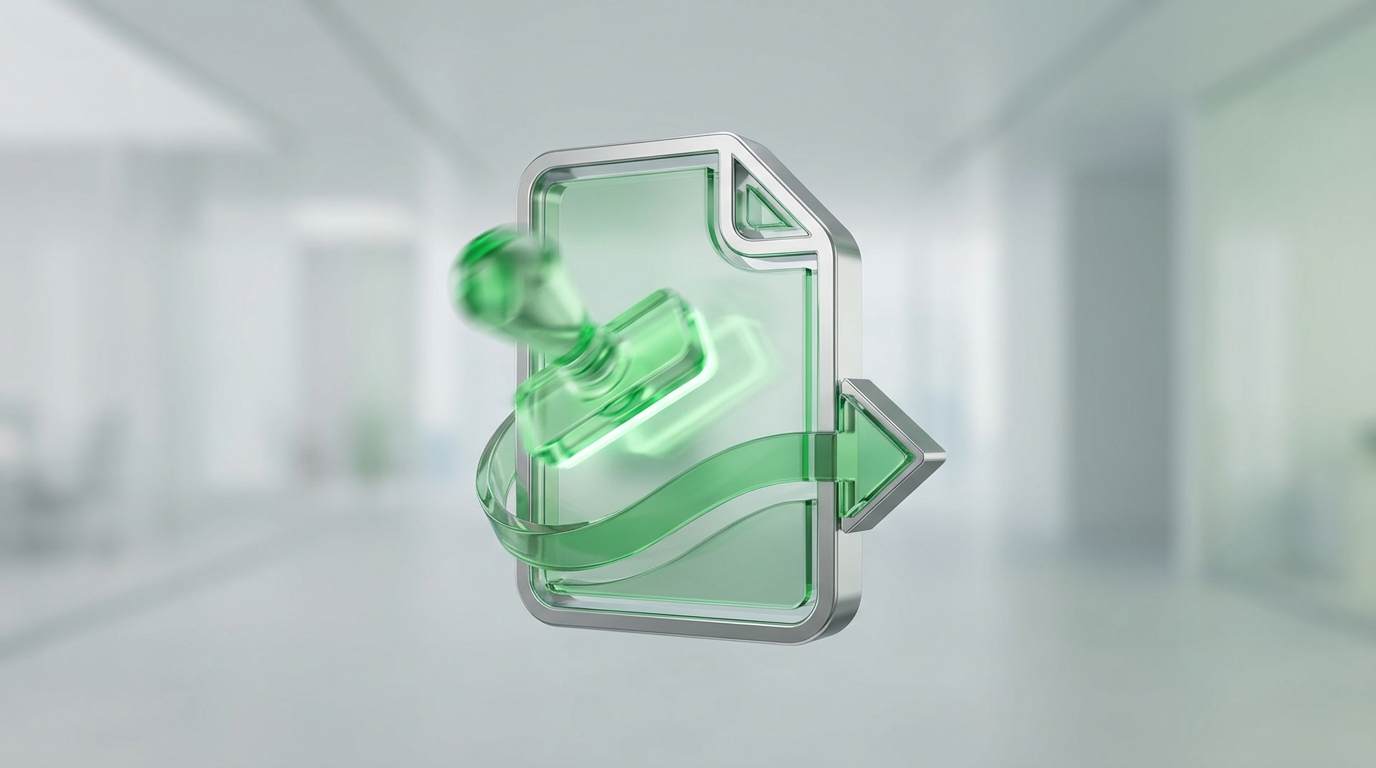 An abstract image symbolizing accelerated approval processes, with a document receiving a stamp of approval while arrows indicate forward motion and speed.