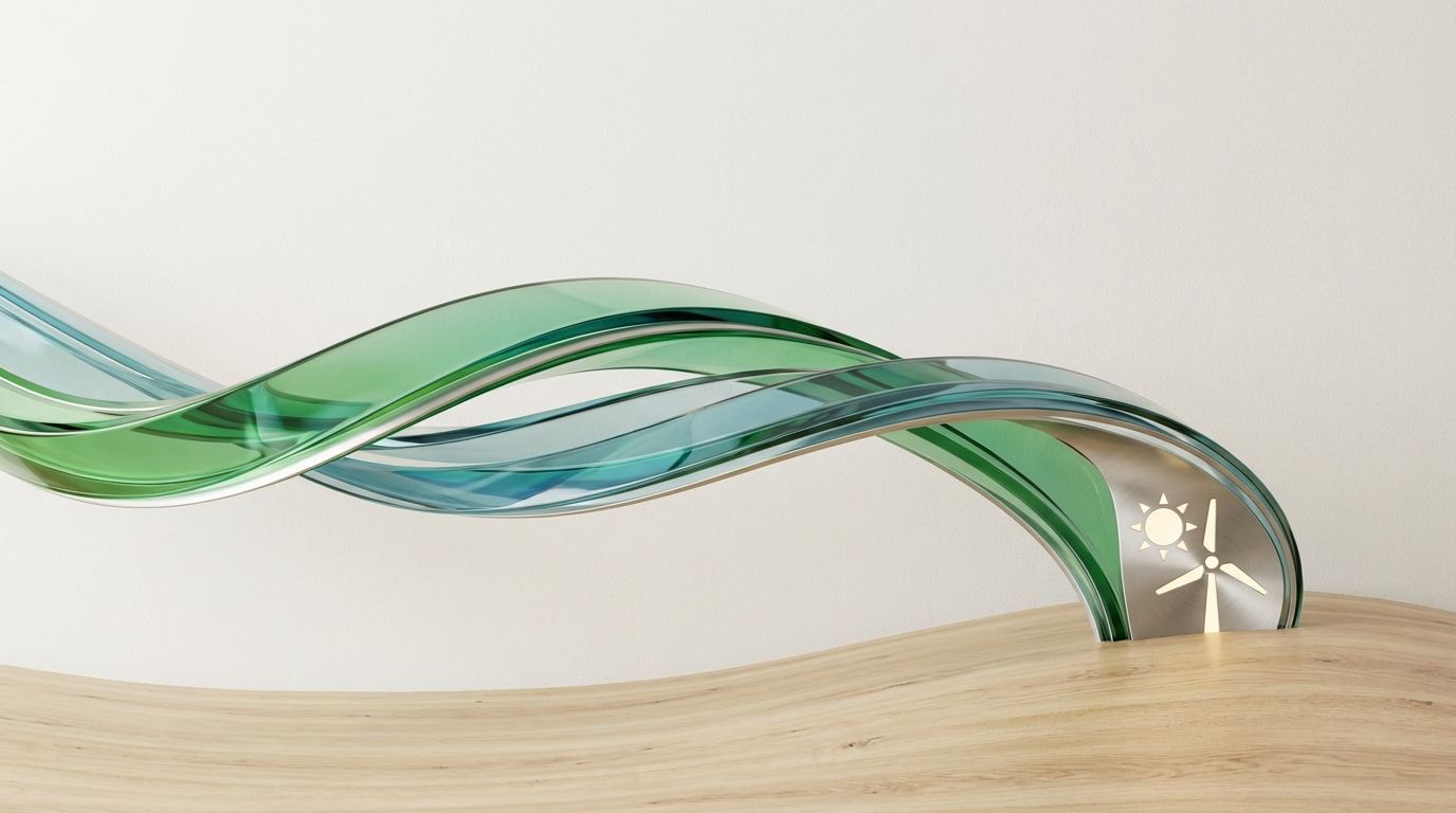 An abstract image symbolizing the acceleration of renewable energy approvals, showing a green and blue swoosh moving towards a sun and wind turbine icon.