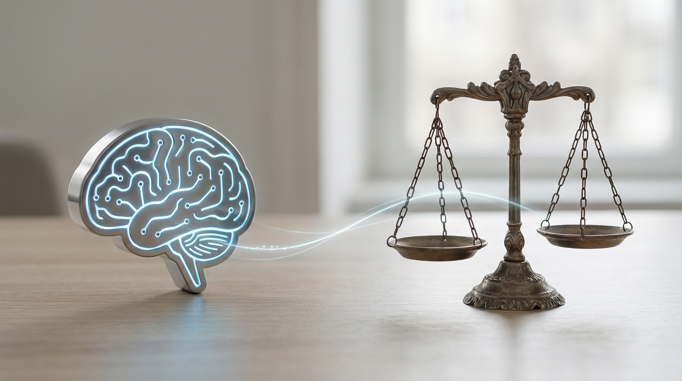 A symbolic image showing an AI brain icon on one side and the scales of justice on the other, representing AI-generated content regulation.