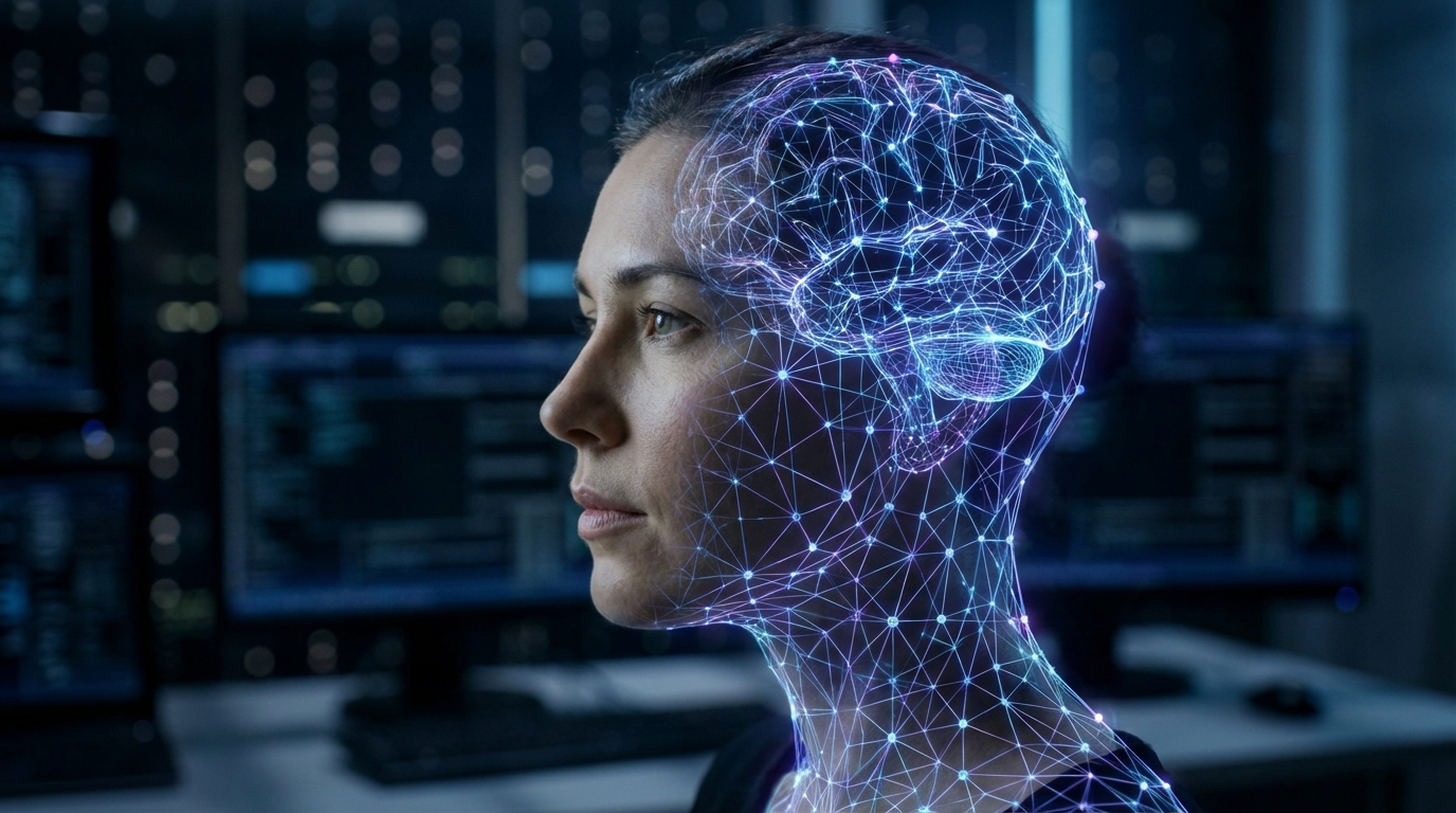 An abstract representation of AI deepfake technology, showing a human face transitioning into a digital wireframe, symbolizing artificial media creation.