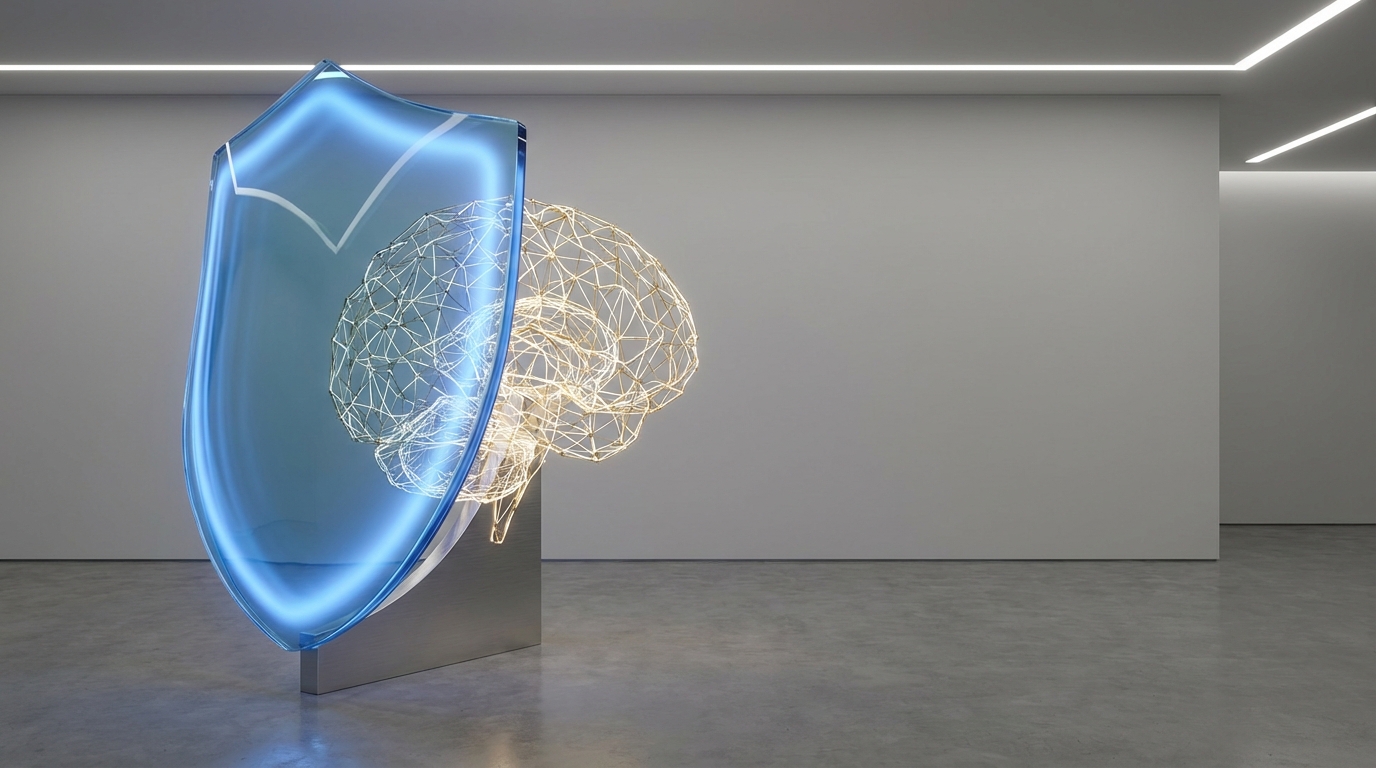 An abstract image symbolizing AI regulation, showing a glowing shield protecting a neural network.