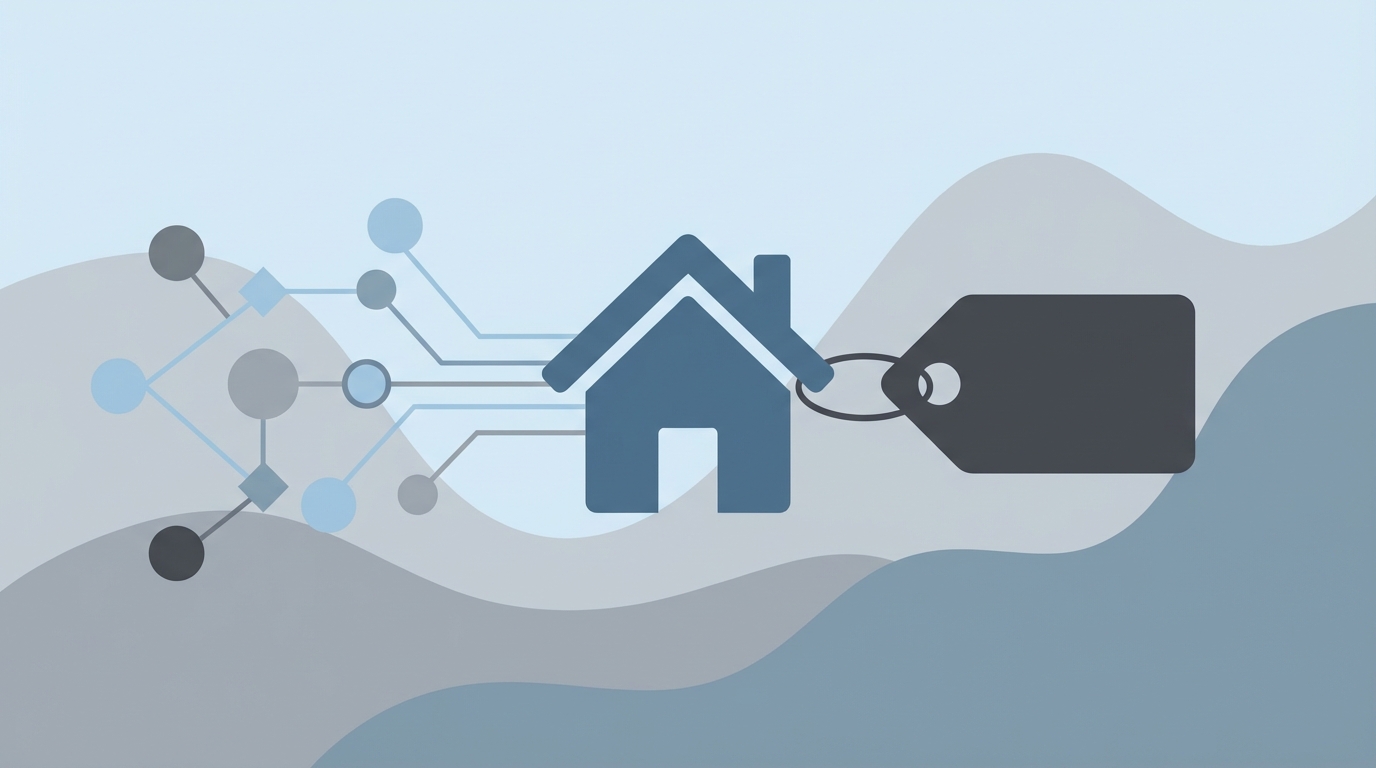 A symbolic representation of algorithm-driven rent setting, showing digital lines influencing a house's rental price tag.