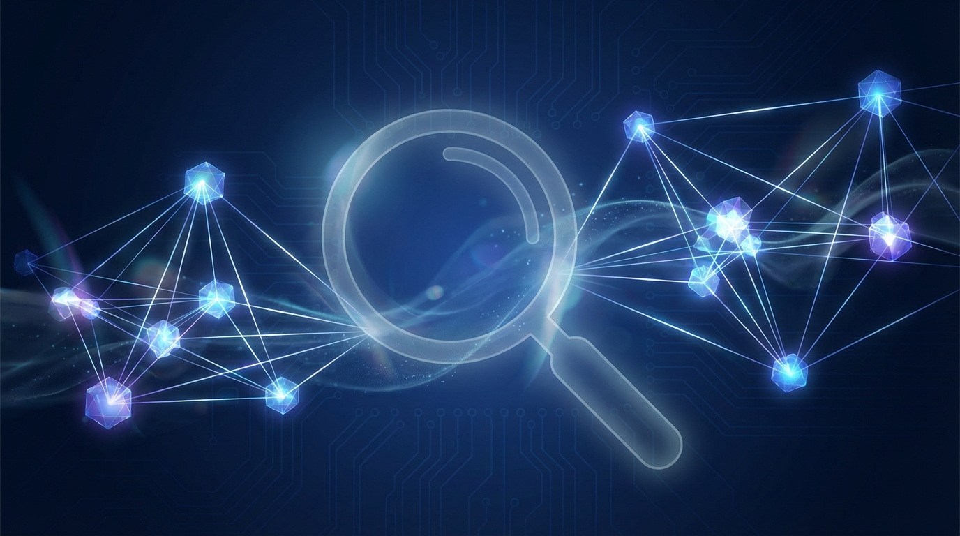 Abstract visualization of algorithmic collusion, showing interconnected nodes of light on a dark background, with a magnifying glass symbolizing regulatory enforcement.