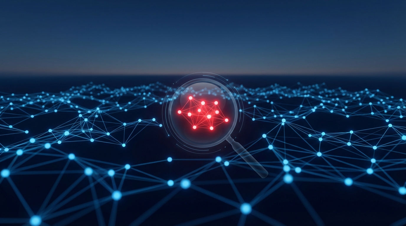 Abstract digital network with a cluster of synchronized nodes under a magnifying glass, symbolizing the concept of algorithmic collusion enforcement.