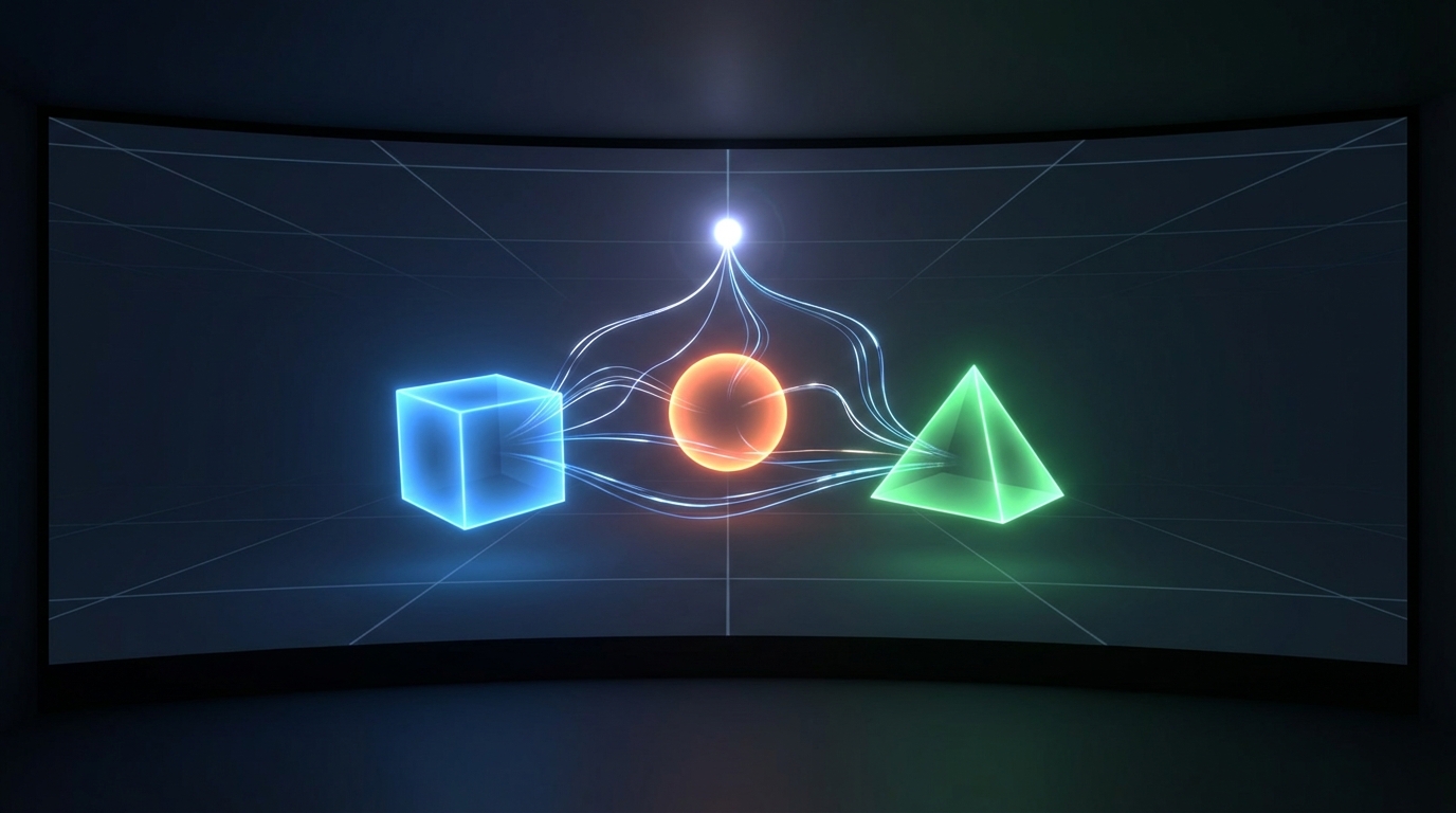 Abstract visualization of three distinct algorithms represented by geometric shapes, interconnected and converging on a single point, symbolizing algorithmic collusion in a digital market.
