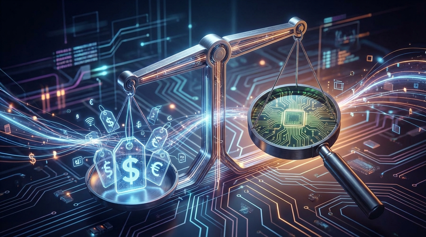 A metaphorical image showing the scales of justice being balanced, with digital price tags on one side and a magnifying glass symbolizing enforcement on the other, representing algorithmic price-fixing enforcement.