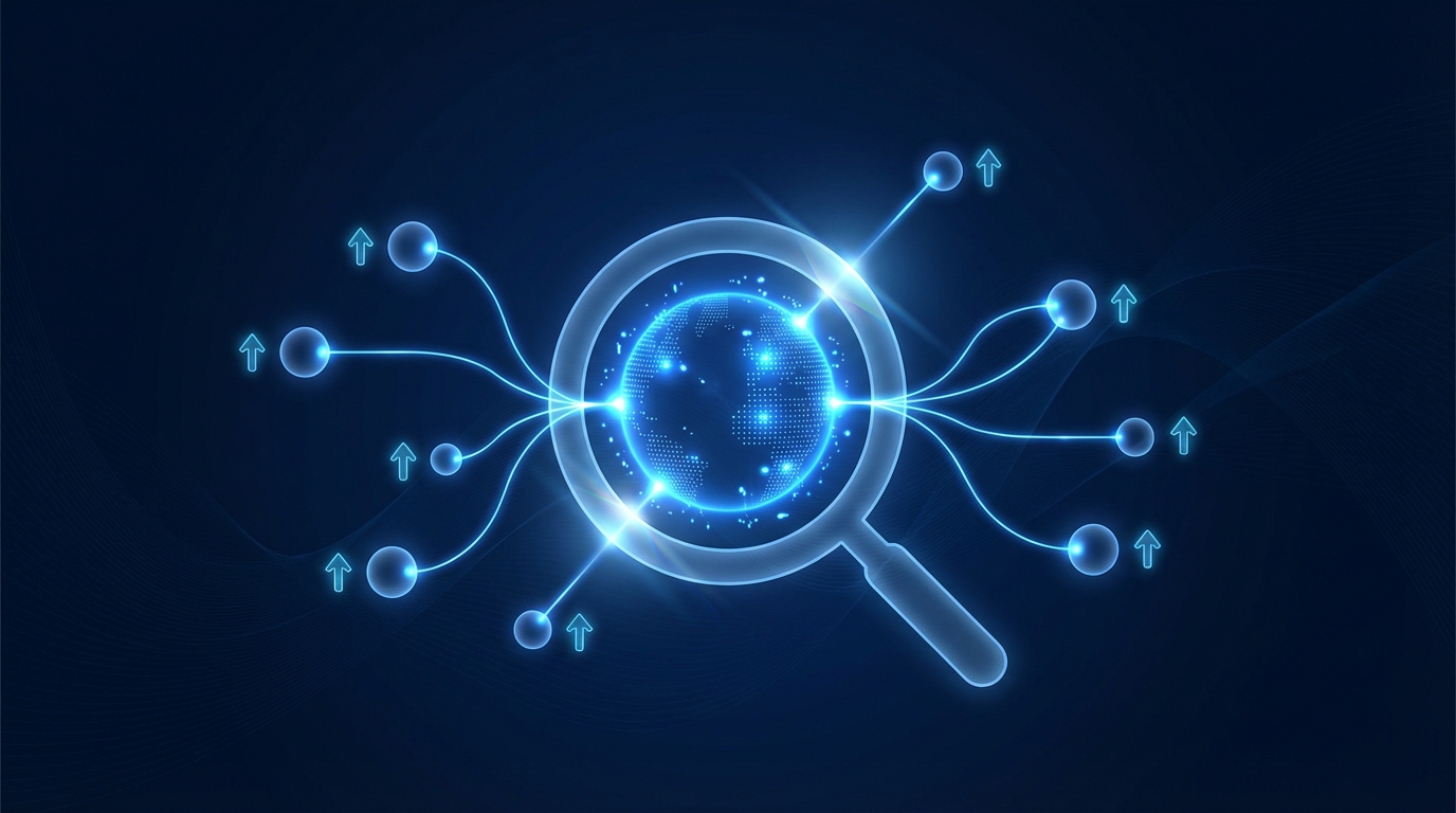 An abstract illustration of algorithmic pricing showing a central hub connecting to competitors, with synchronized rising prices under the watch of a magnifying glass, symbolizing antitrust scrutiny.