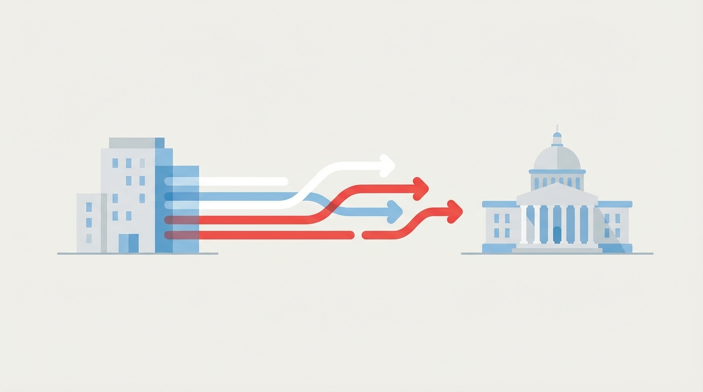 A simple visual illustrating the process of Austria e-invoicing, with digital documents flowing between a business and the government.