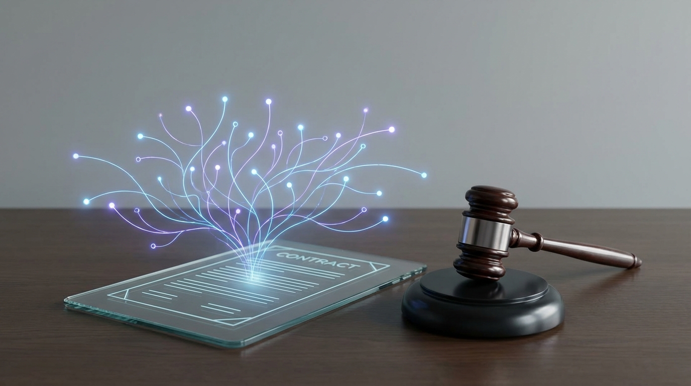 An abstract image representing Austrian AGB for digital contracts, showing a stylized legal document intertwined with glowing lines symbolizing artificial intelligence, with a gavel nearby.