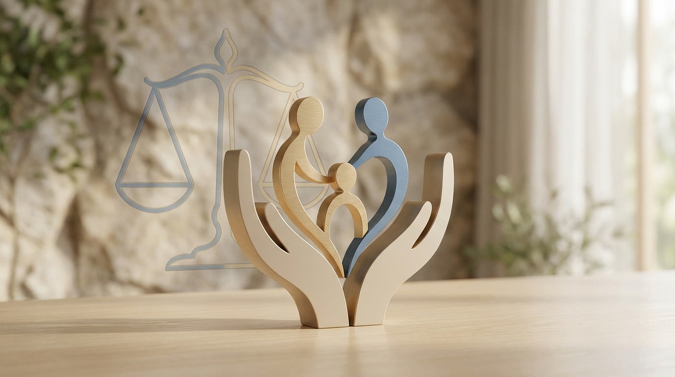 A symbolic representation of Austrian family law, showing protective hands around a family silhouette with scales of justice in the background.