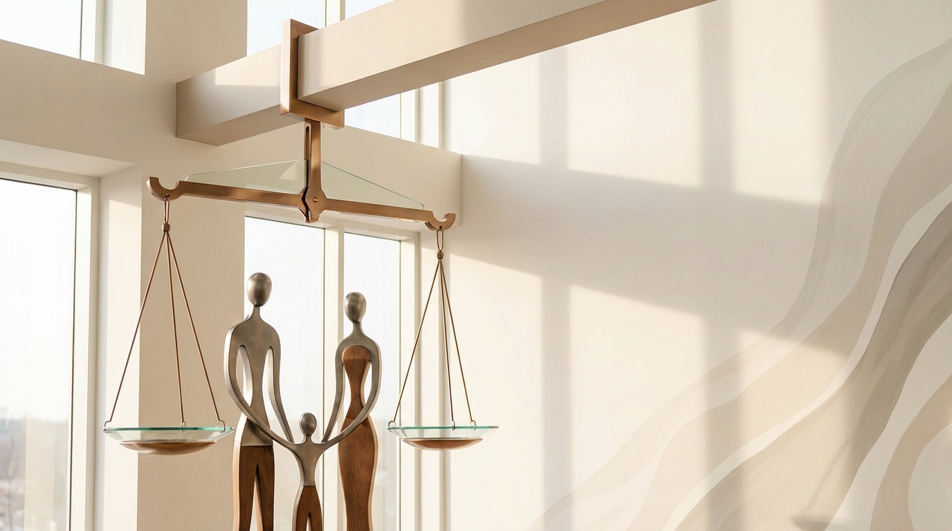 Symbolic image of Austrian family law reforms, showing a stylized family protected by the scales of justice.