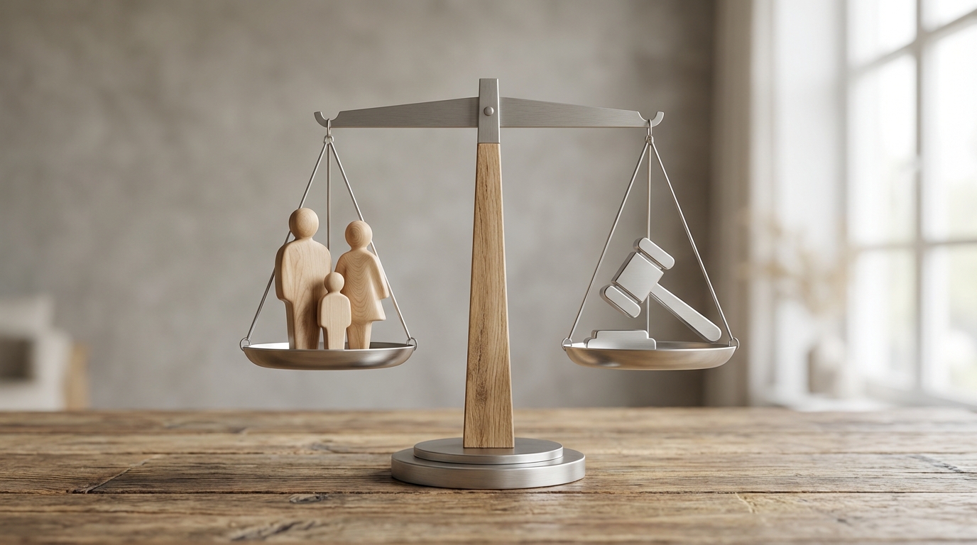 Symbolic representation of family law with balanced scales holding family figures.