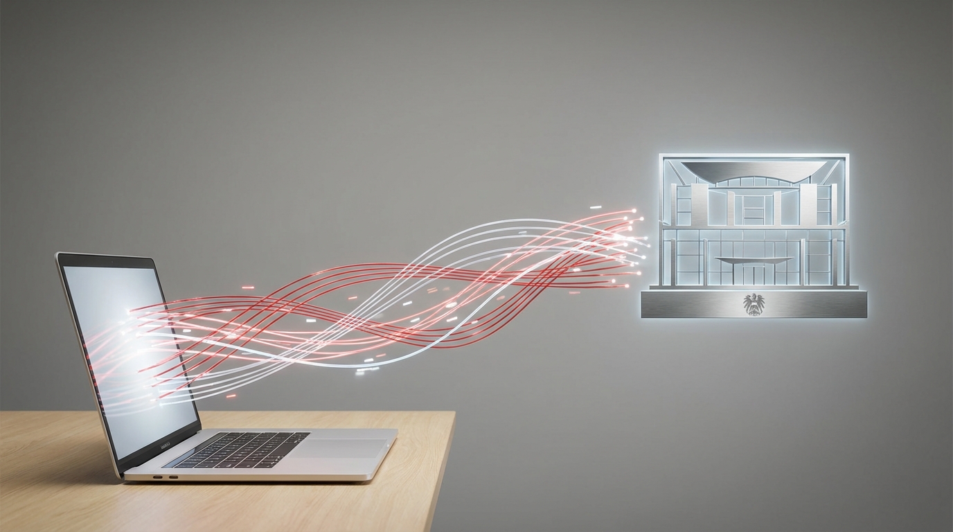 A visual representation of Austrian tax digitalisation, showing digital data flowing from a laptop to a government building, symbolizing the shift to electronic tax processes.