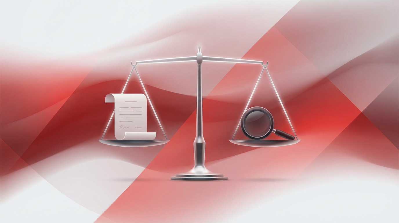 An image symbolizing Austrian tax law, featuring balanced scales of justice with a legal document on one side and a magnifying glass on the other, set against a background with the colors of the Austrian flag.