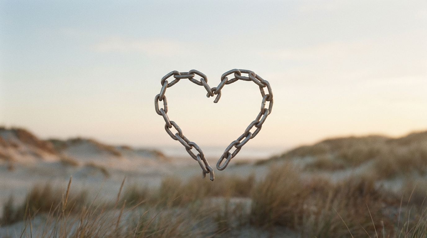 An image symbolizing a peaceful divorce, with a broken chain reforming into a heart shape, representing a cooperative and amicable separation.