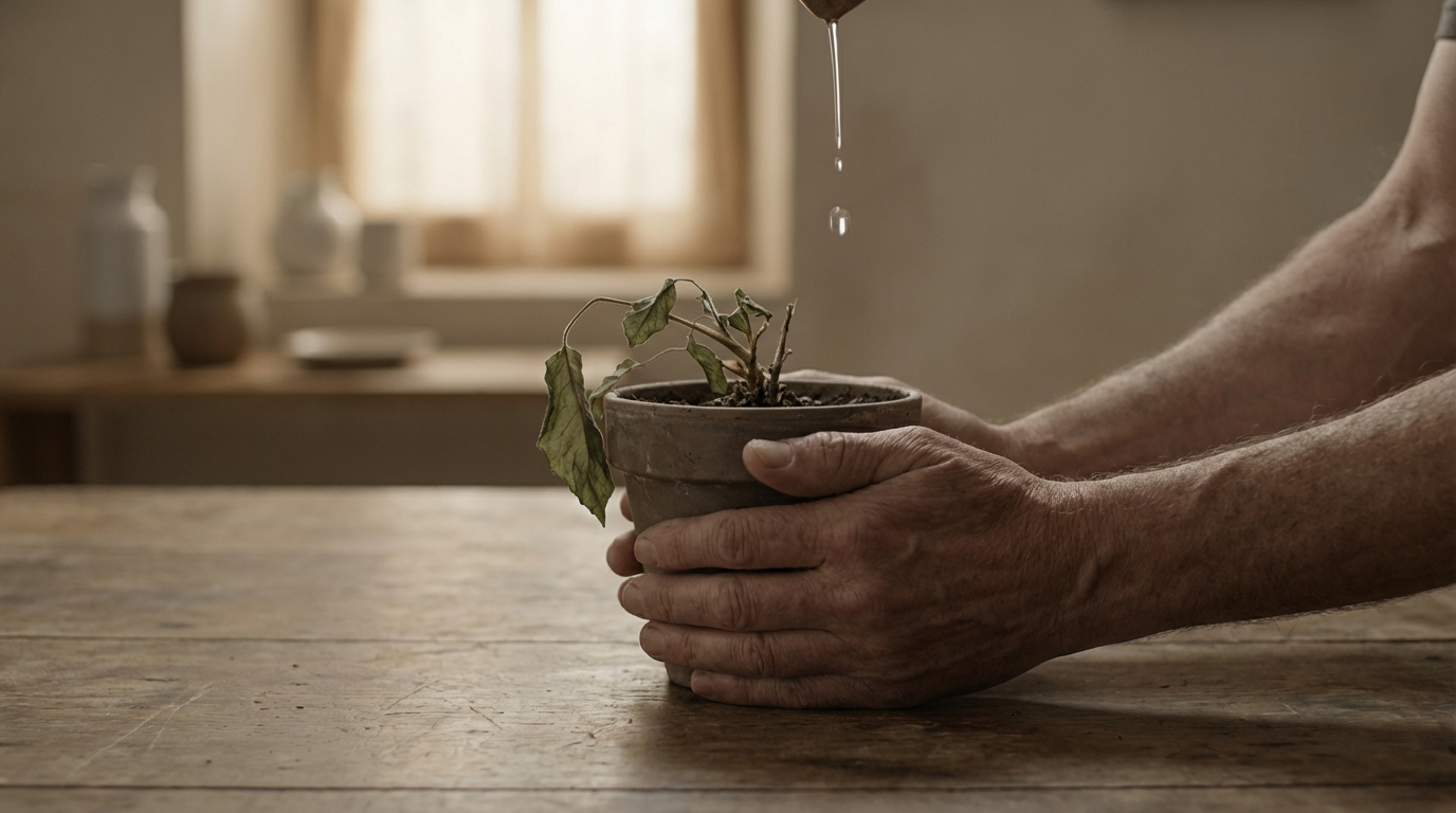 An illustration symbolizing business rescue, with two hands supporting a wilting plant as a drop of water falls to revive it.