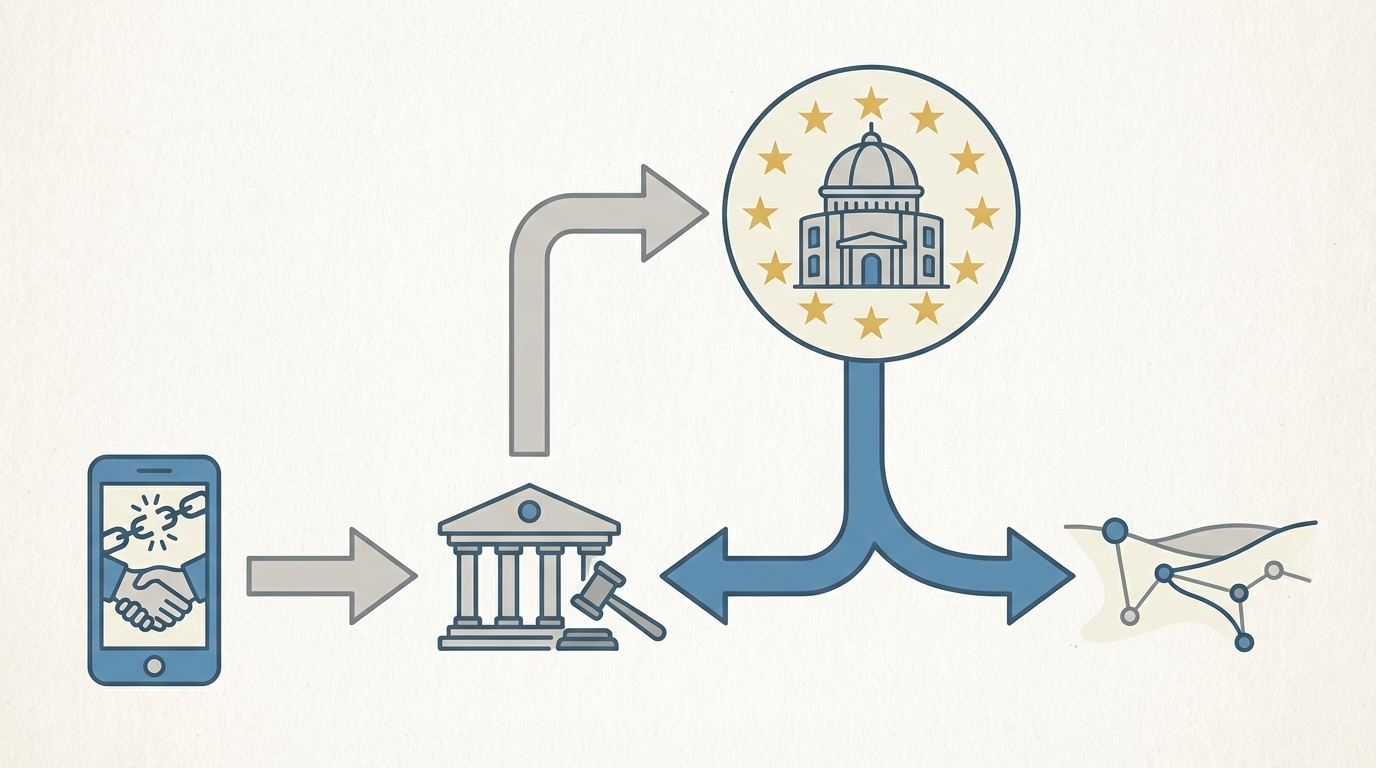 A flowchart visualizing the preliminary ruling procedure of the CJEU. It shows a dispute at a platform level, moving to a national court, then a referral to the CJEU, and finally a binding decision being applied EU-wide.