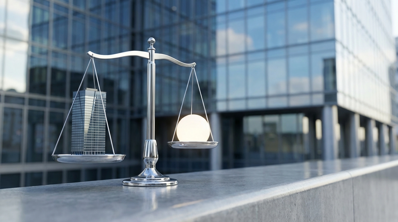 A modern scale of justice balances a corporate building against an orb of light, symbolizing corporate criminal liability and transparency.