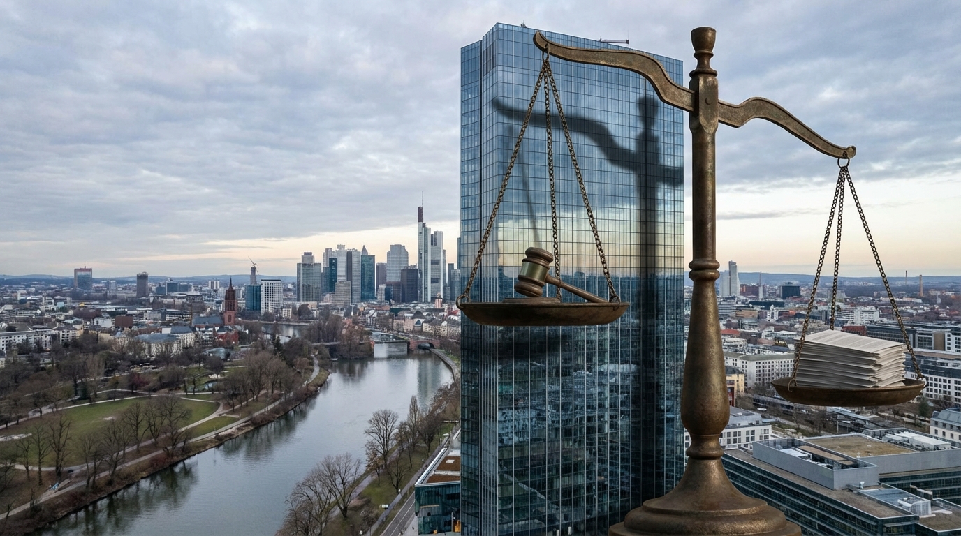 A modern corporate building stands next to large, golden scales of justice, symbolizing the concept of corporate criminal liability and legal accountability.