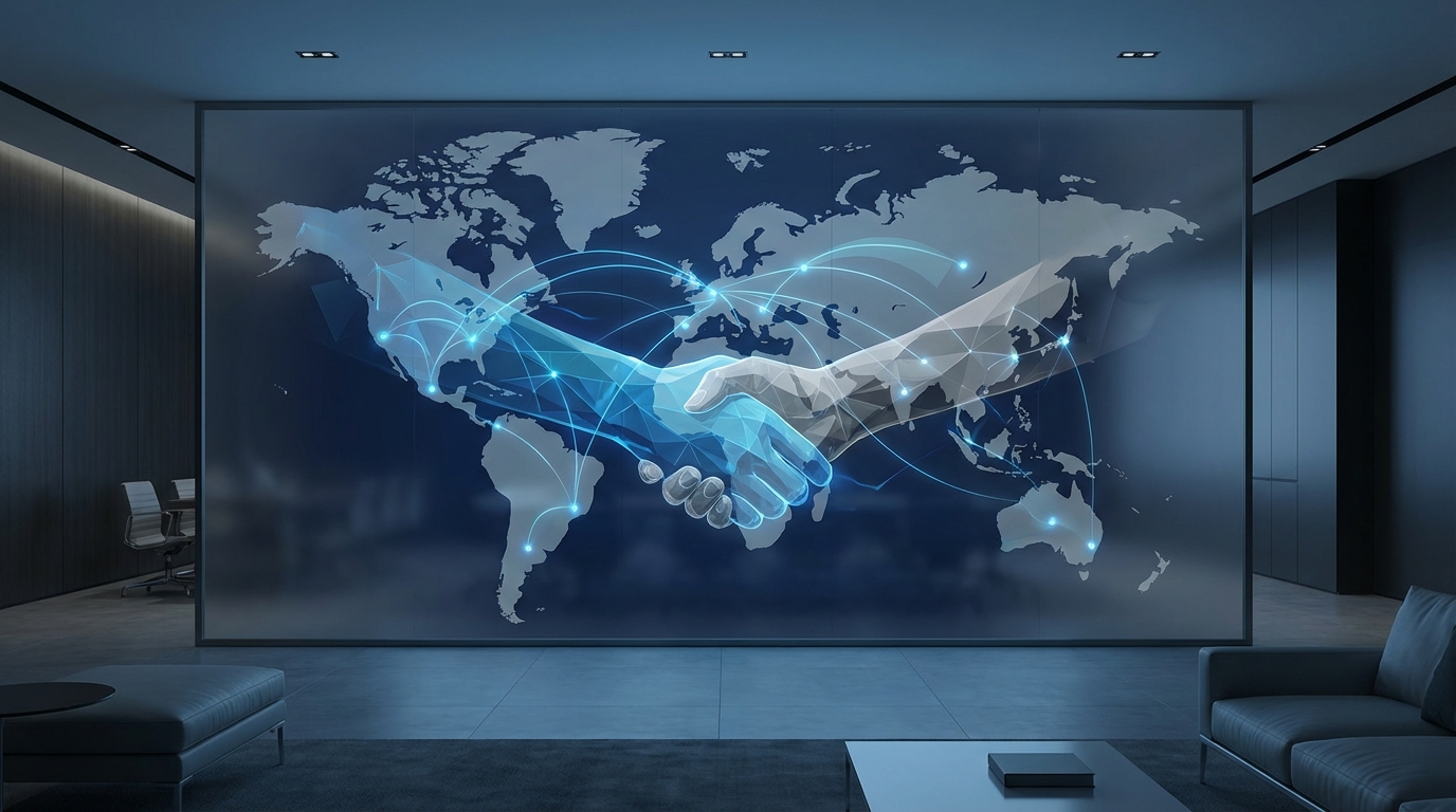 A symbolic image of a handshake over a world map, representing successful cross-border contract drafting and international agreements.