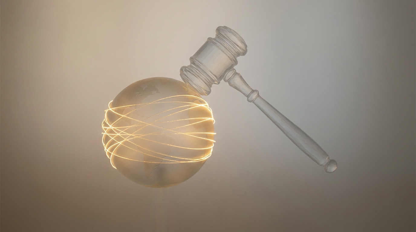 A stylized globe with glowing lines connecting different points, representing international data flow, with a transparent gavel icon overlaid to symbolize legal regulation in cross--border contracts.