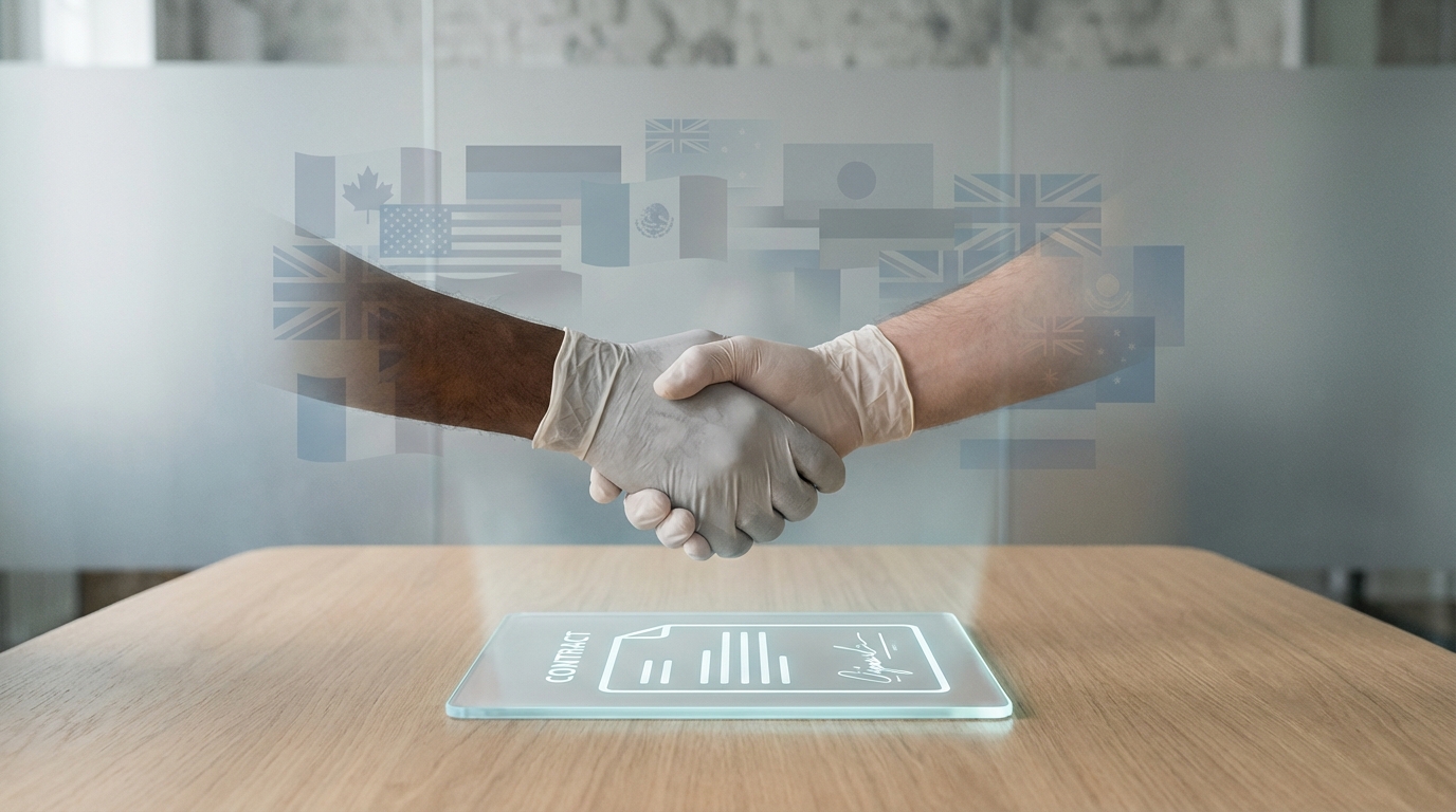 A symbolic image of a cross-border agreement, with a handshake over a contract and faint national flags in the background.