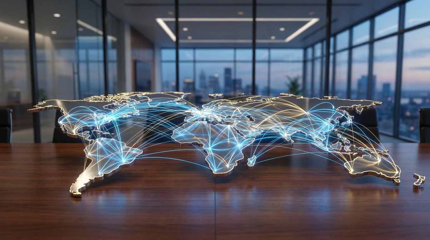 Abstract image of a world map with glowing lines connecting various countries, symbolizing the interconnectedness of global business and cross-border legal frameworks.