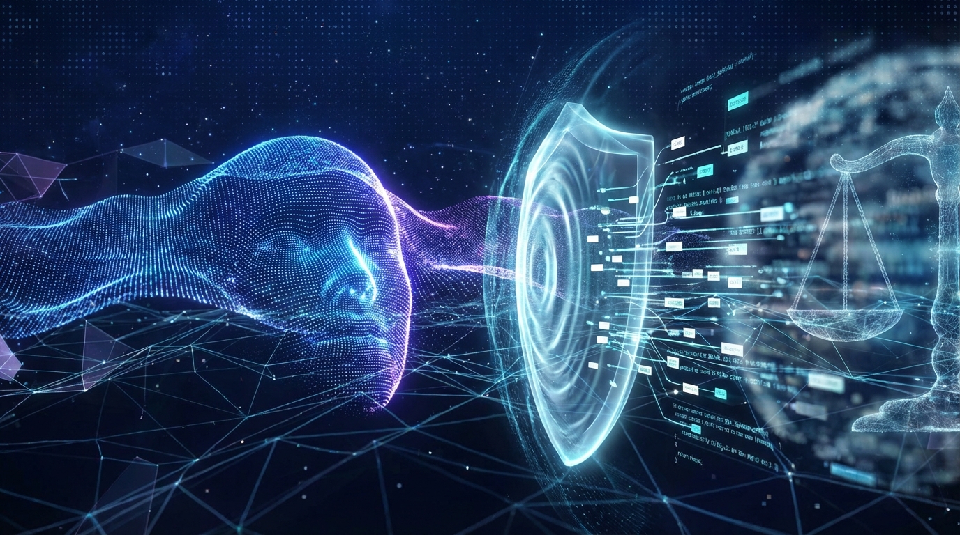 A digital face protected by a legal shield, symbolizing deepfake law and digital identity protection.