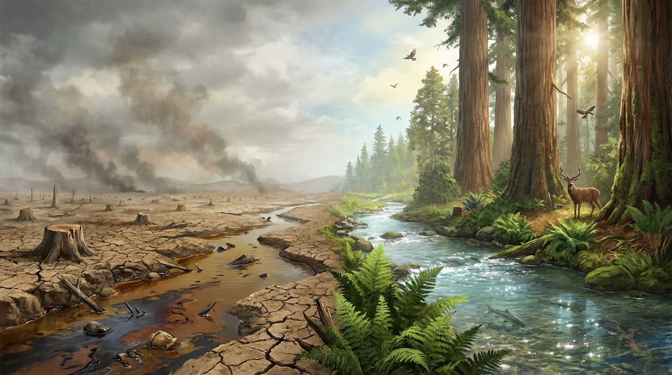 A split image showing the contrast between a degraded, barren landscape on one side and a healthy, restored forest ecosystem on the other.