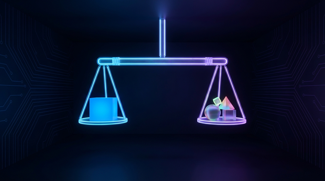 A stylized digital scale of justice, glowing with blue light, perfectly balancing a large block on one side with several smaller blocks on the other, symbolizing fair competition in the digital market.