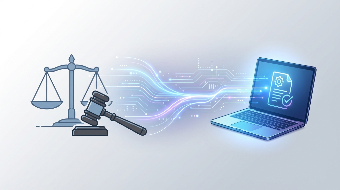 An illustration depicting the transition to a digital legal system, with scales of justice and a gavel connected by digital lines to a computer screen.