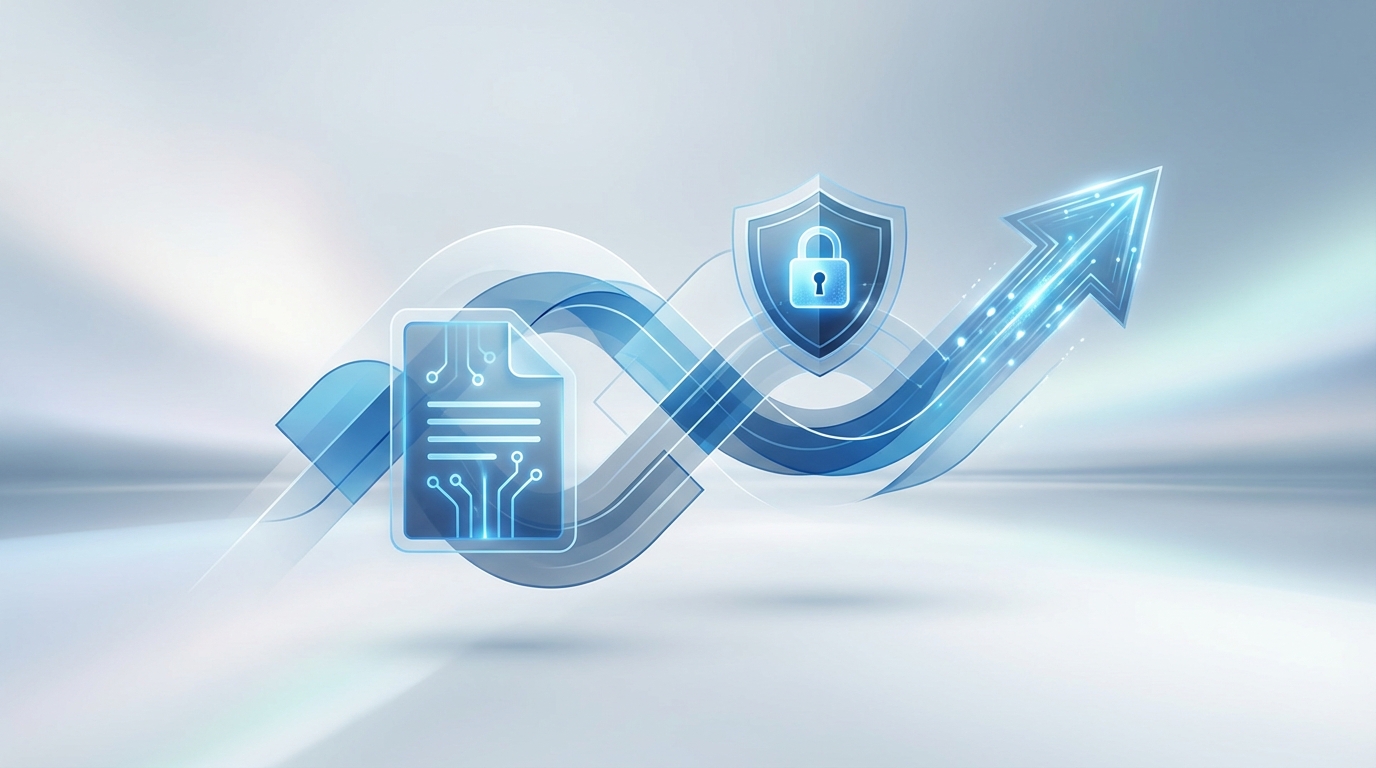 An abstract image symbolizing digital GmbH formation, with icons for documents and security.