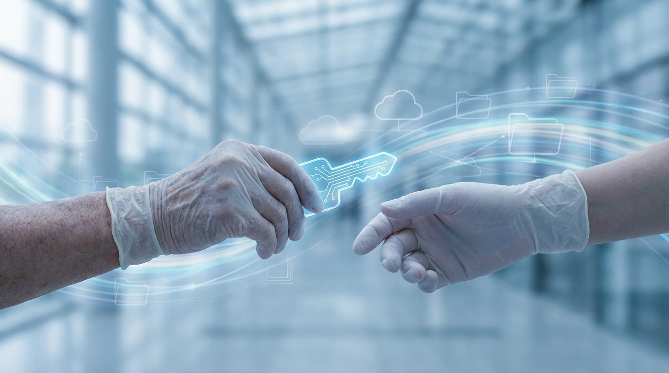 A symbolic image of digital inheritance, showing one hand passing a glowing digital key to another, representing the transfer of digital assets across generations.