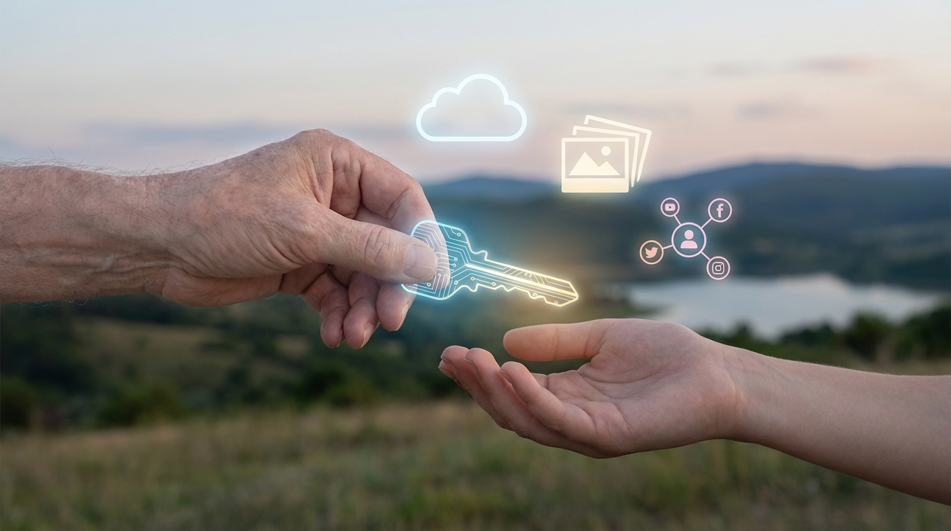 An illustration of digital inheritance, showing one hand passing a glowing digital key to another hand, with icons for cloud storage and social media in the background.