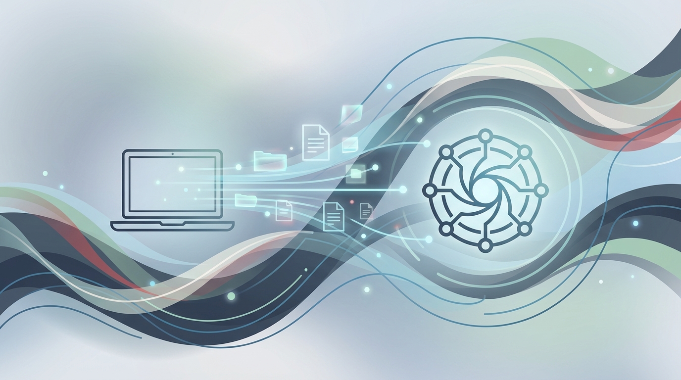 Abstract representation of the Austrian digital tax process, showing data flowing from a computer to a central hub, symbolizing efficiency and modernization.
