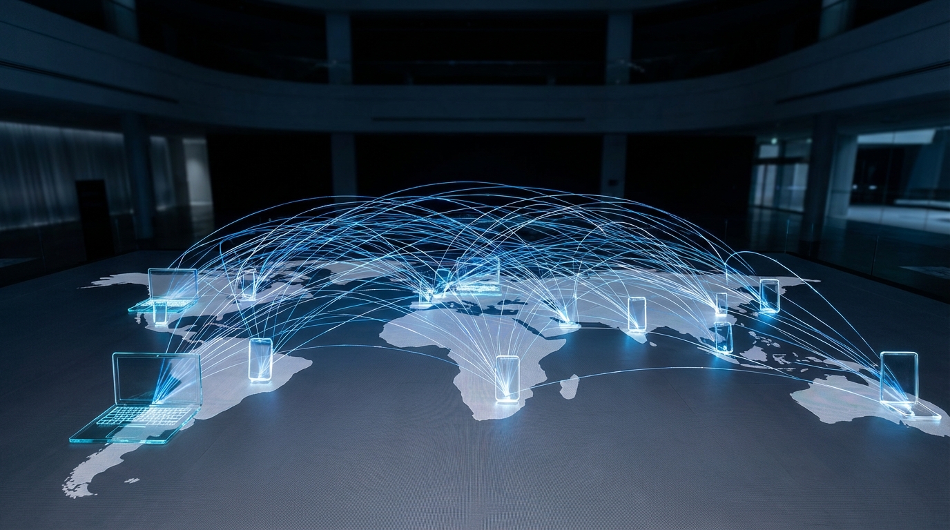 A visual representation of global digital trade, showing interconnected digital devices across a world map.