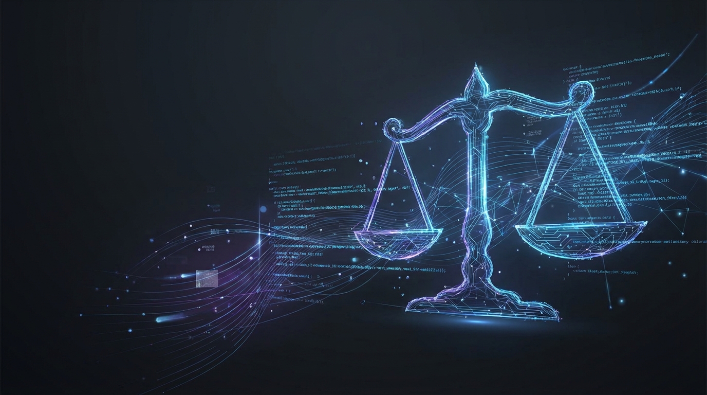 A symbolic image representing the digital transformation of civil procedure, featuring abstract digital justice scales.