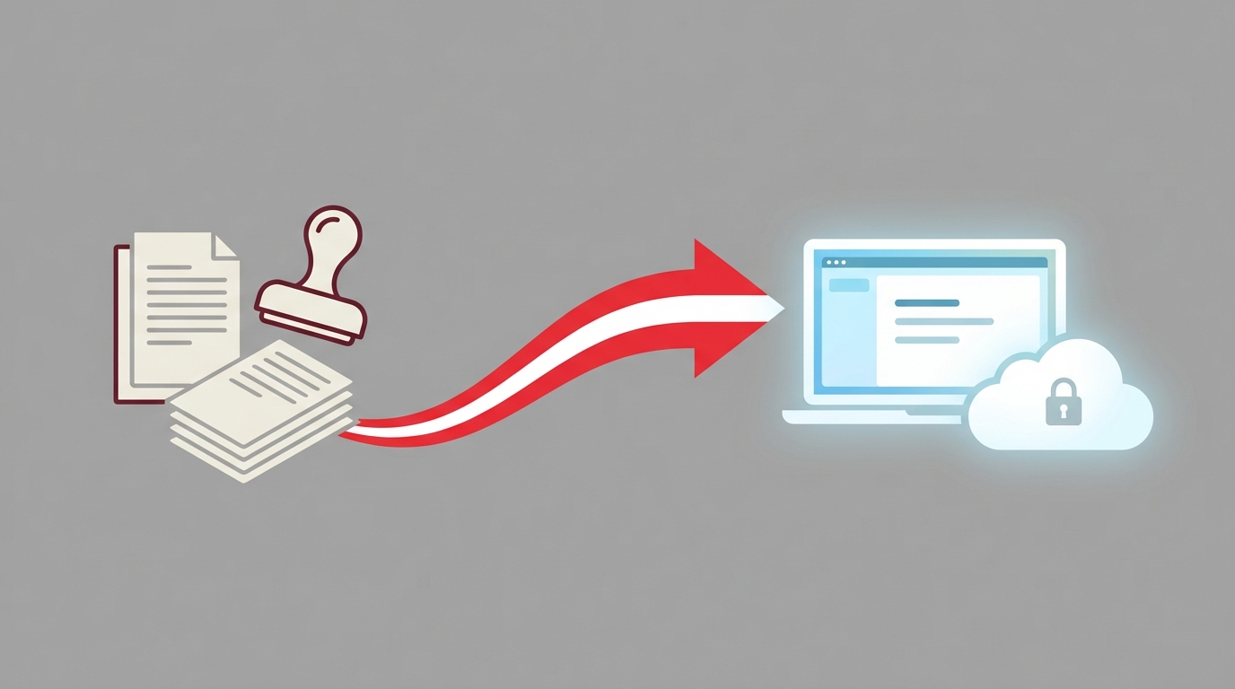 An abstract illustration symbolizing the Austrian tax digitalisation, showing a transition from paper documents to a modern, secure computer system.