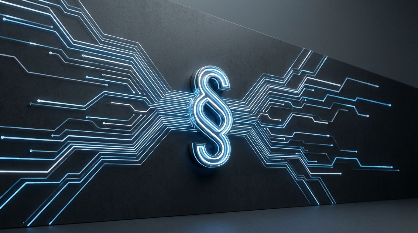 A stylized paragraph symbol, representing law, with digital network lines radiating from it, symbolizing the digitalization of legal and corporate processes.