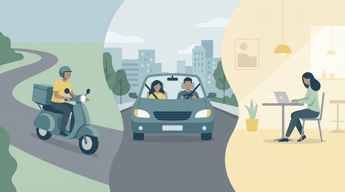 An illustration depicting three different types of gig economy workers: a food delivery person on a scooter, a ride-sharing driver, and a freelancer on a laptop.