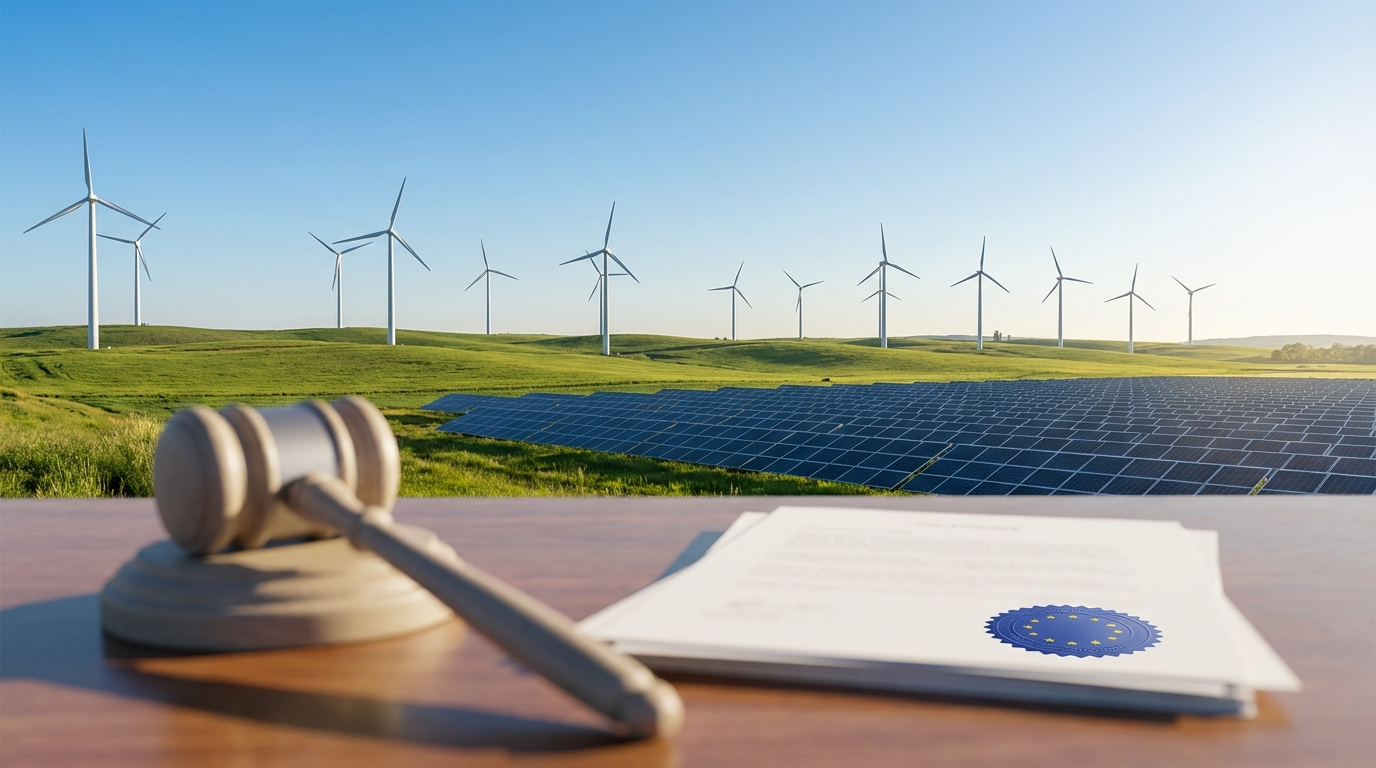 A symbolic image representing EIA reforms, featuring a landscape with wind turbines and solar panels, and legal documents with a gavel in the foreground.