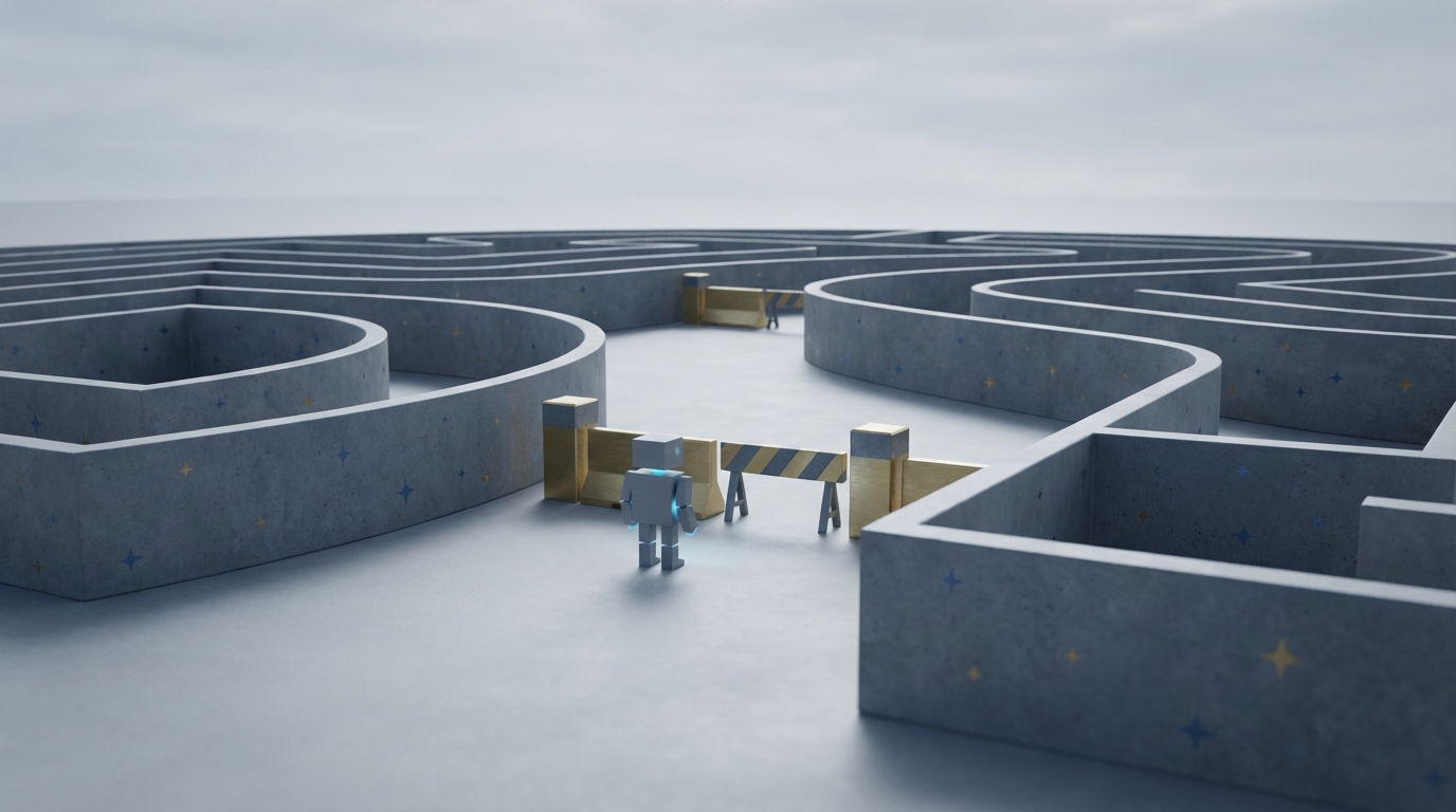A symbolic image representing EU AI Act compliance challenges, showing an abstract robot navigating a maze with elements of the EU flag, symbolizing regulatory hurdles.