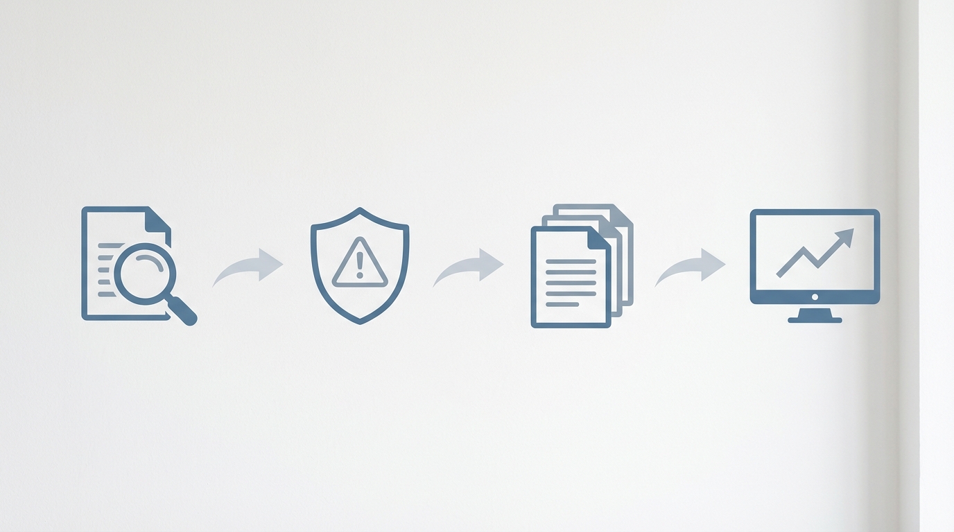 A flowchart illustrating the four key stages of EU AI Act compliance: assessment, risk evaluation, documentation, and ongoing monitoring.